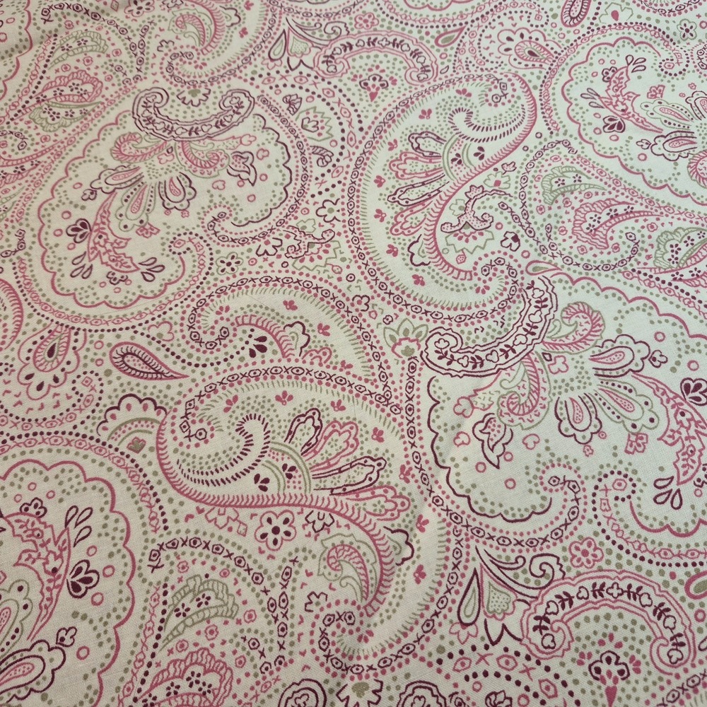 Pink and Green Paisley Flowers Swirls on Cream Tan Cotton Fabric 2 Yards